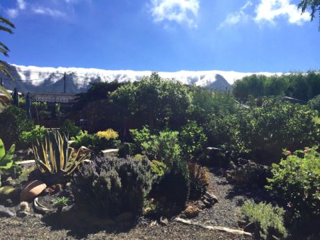 Blick über das Grundstück auf den berühmten Wolkenfall an der Cumbre
