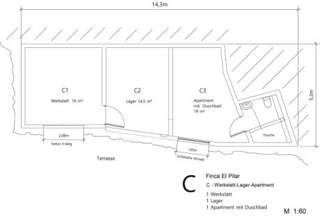 Grundriss Nebengebäude mit Studio, Werkstatt und Lagerraum